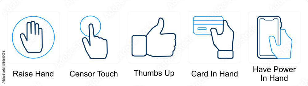A set of 5 Mix icons as raise hand, censor touch, thumbs up A set of 5 Mix icons as raise hand, censor touch, thumbs up