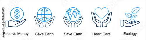 A set of 5 Mix icons as receive money, save earth, heart care