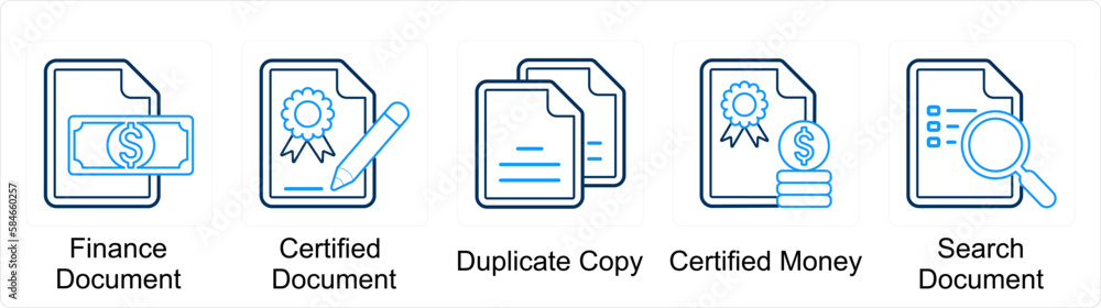 A set of 5 Mix icons as finance document, certified document, duplicate copy