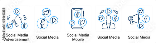 A set of 5 Mix icons as social media advertisement, social media, social media mobile
