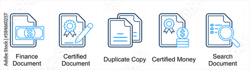 A set of 5 Mix icons as finance document, certified document, duplicate copy