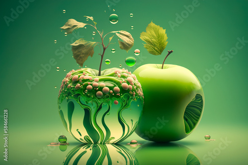 Two surreal apples. Fruit looks like marbles toy. Green on green. Generative AI