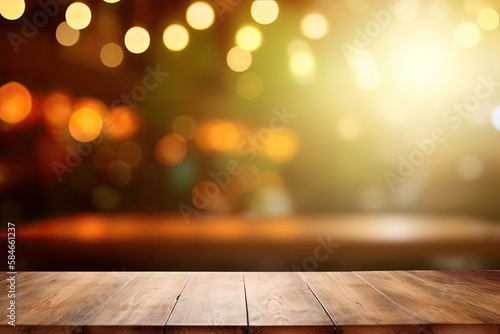 Hintergrund Holztisch mit unscharfen bokeh Lichtern. Copyspace, Banner, Generative AI 