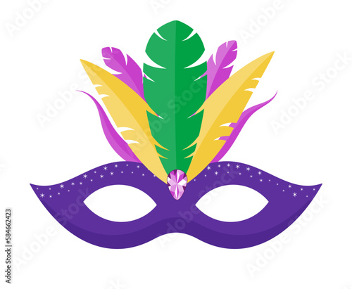 Vector carnival mask with feathers, Mardi Gras Masquerade decorative purple mask isolated on white. For poster, greeting card, party invitation, banner or flyer.  