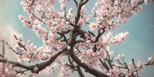 Closeup of blossoming sakura tree branches with fresh flowers. Ornated and stulized. AI generated illustration photo