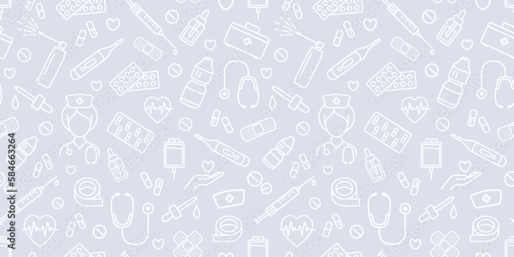 Medical seamless pattern in white and light grey colors. Minimal flat line medical and healthy related icons. Vector horizontal illustration. Medical seamless pattern in white and light grey colors. Minimal flat line medical and healthy related icons. Vector horizontal illustration.