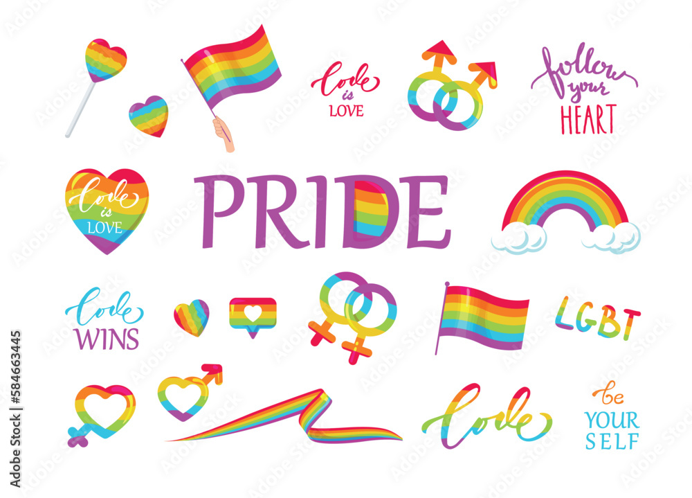 Lgbt related icons flag, rainbow, heart, gender signs. Isolated on white background. Vector illustration.
