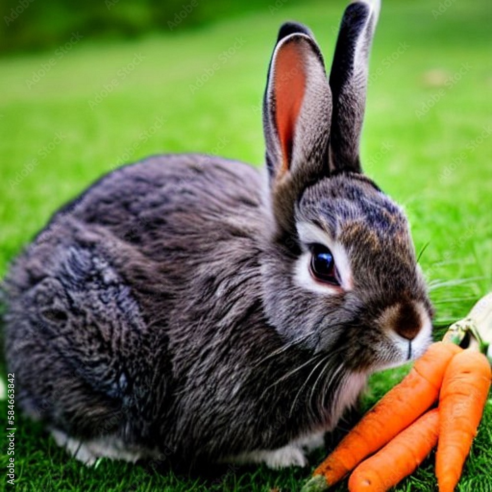 Naklejka premium A black-white rabbit with carrots by Generative AI