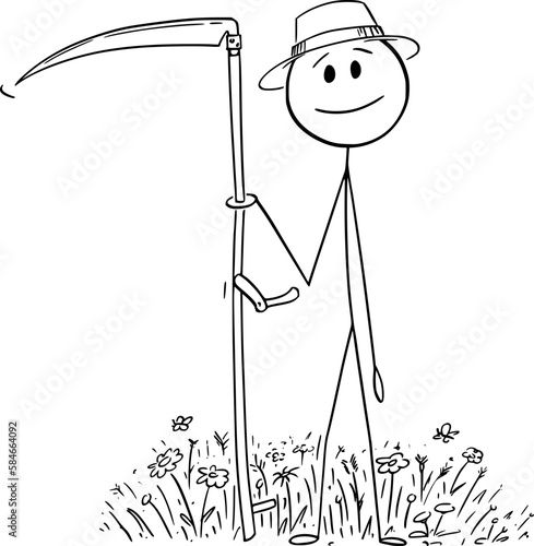 Farmer With Scythe Mowing Grass , Vector Cartoon Stick Figure Illustration