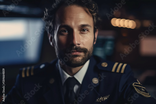 portrait of an airplane captain at airport. A man is a sailor on a ship. Generative AI © alexkoral