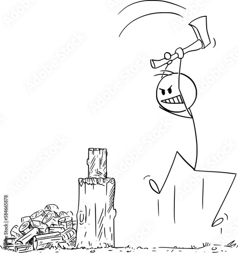 Lumberjack Chopping Wood With Ax, Vector Cartoon Stick Figure Illustration