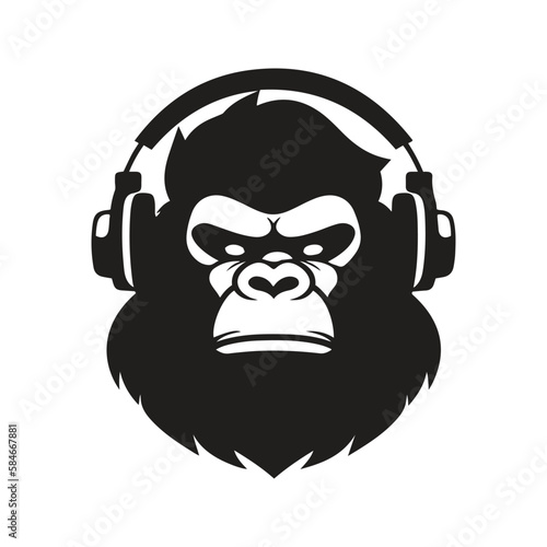 gorilla headphones mascot logo ,hand drawn illustration. Suitable For Logo, Wallpaper, Banner, Background, Card, Book Illustration, T-Shirt Design, Sticker, Cover, etc