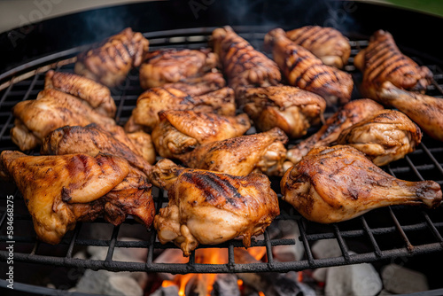 Chicken wings and legs with grill marks and barbeque sauce on the grill created with Generative AI technology