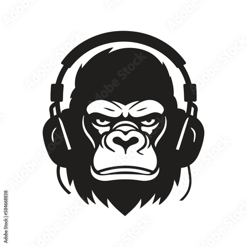 gorilla headphones mascot logo ,hand drawn illustration. Suitable For Logo, Wallpaper, Banner, Background, Card, Book Illustration, T-Shirt Design, Sticker, Cover, etc