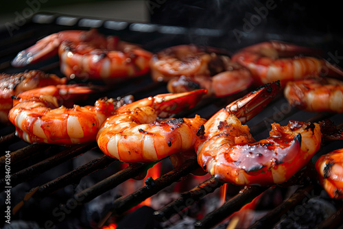 Large shrimp covered in barbeque sauce on the grill created with Generative AI technology