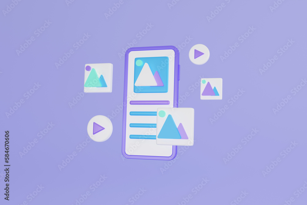 Mobile phone with 3d icons. Social media with video and photo gallery on mobile application and mobile web design. 3D Rendering Mobile phone with 3d icons. Social media with video and photo gallery on mobile application and mobile web design. 3D Rendering