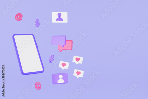 Fototapeta Naklejka Na Ścianę i Meble -  Mobile phone with 3d icons. Social media platform, online social communication applications concept, emoji, image, chat and chart with smartphone background. 3D Rendering