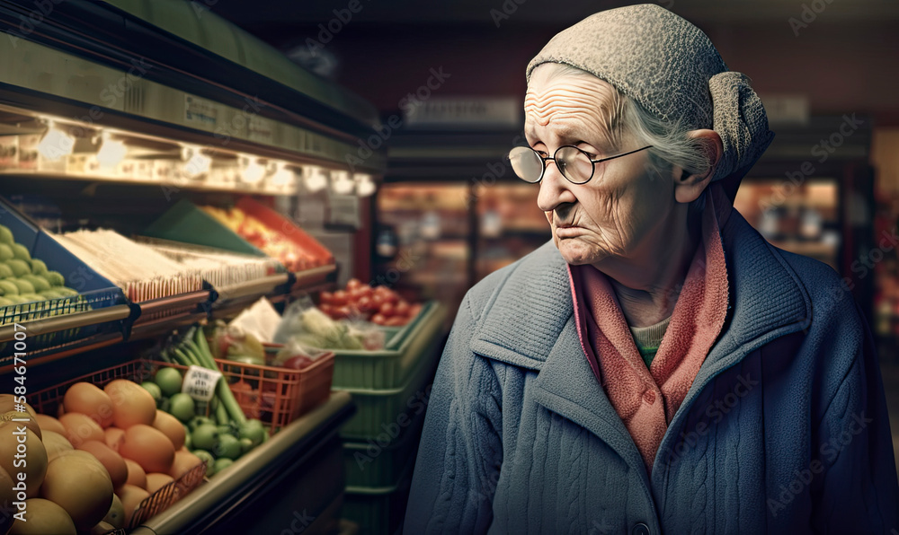 Senior citizen shopping for groceries looking distraught created with Generative AI technology