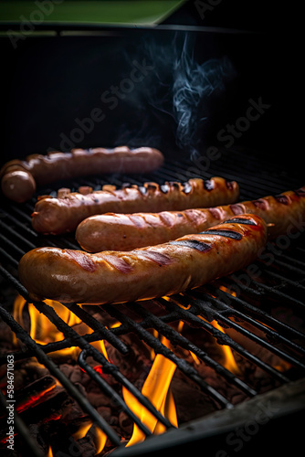 Large sausage with grill marks on the grill created with Generative AI technology
