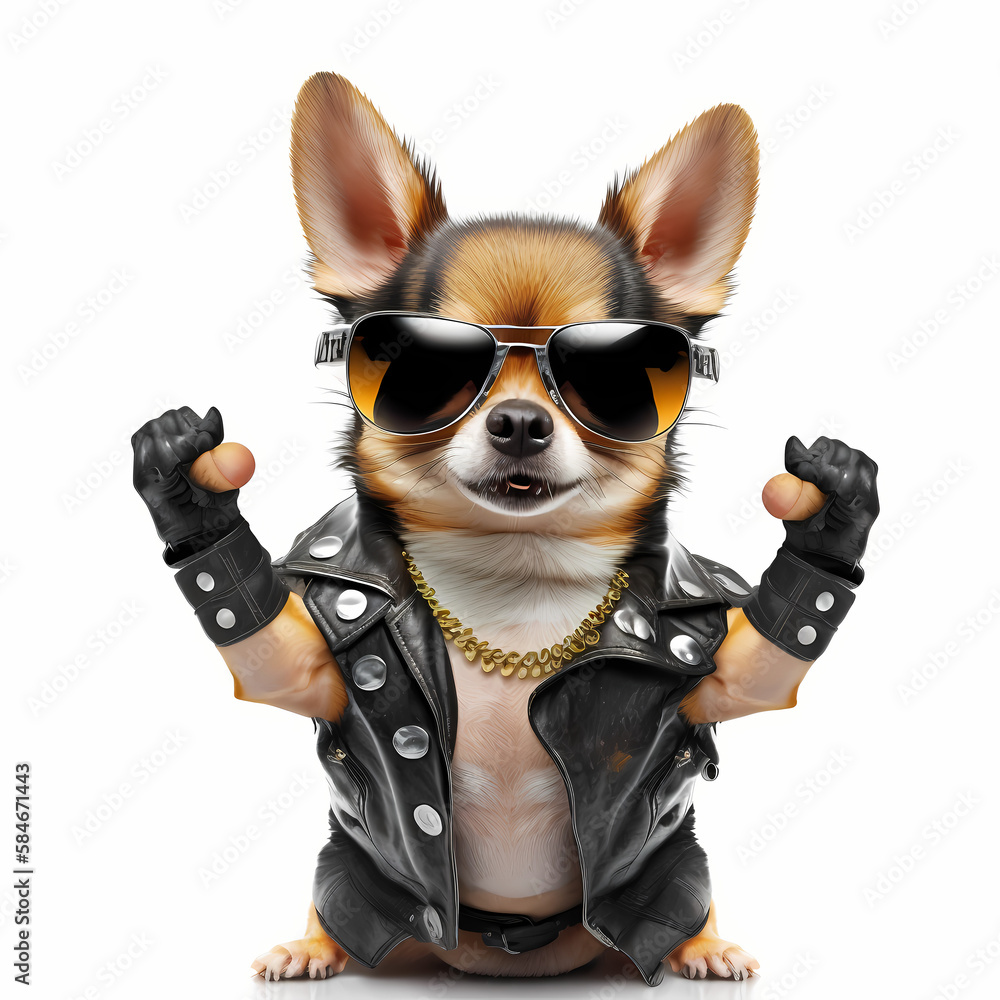 Chihuahua With Leather Jacket and Cool Eye Glasses. Generative AI