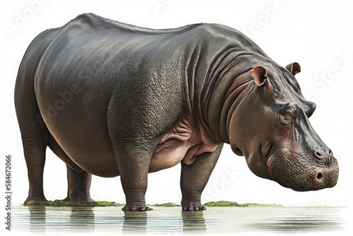Full length side view image of standing hippo hippopotamus on a white background. Generative AI illustration.