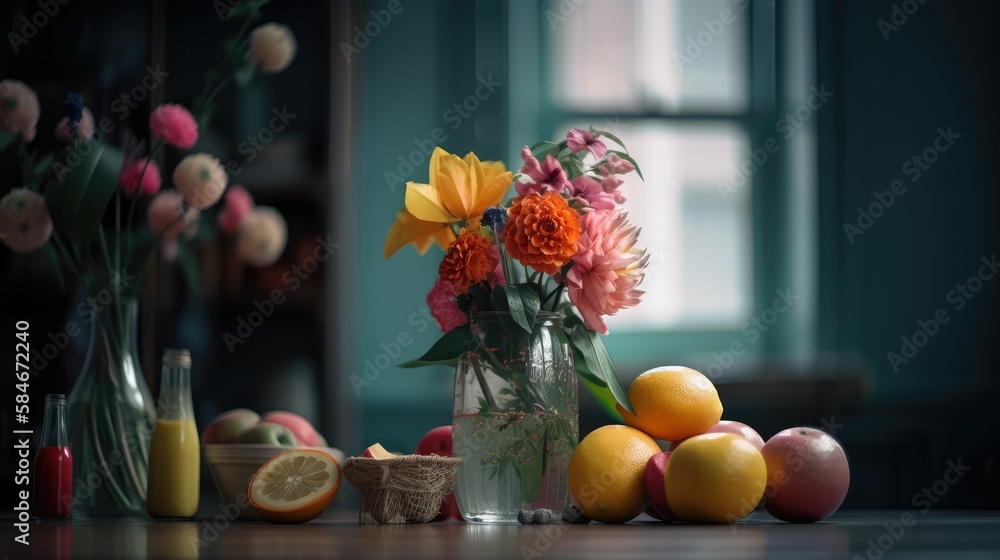 still life with flowers and fruits, generative AI