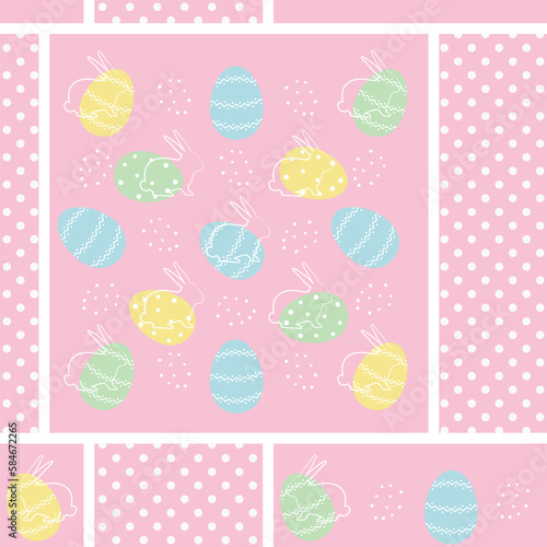 Easter background. Seamless abstract pattern with Easter bunnies and eggs on pink background. Vector illustration.