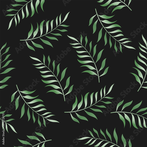 Tropical exotic seamless pattern with green color palm leaves on black background. Suitable for luxury wallpaper, fabric printing