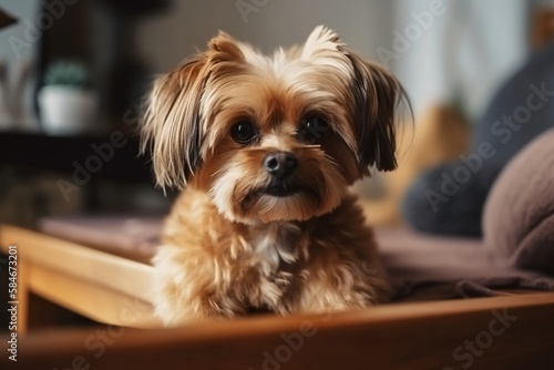 Close-up of Dog Sitting in Living Room with Blur Background at Home © Thares2020