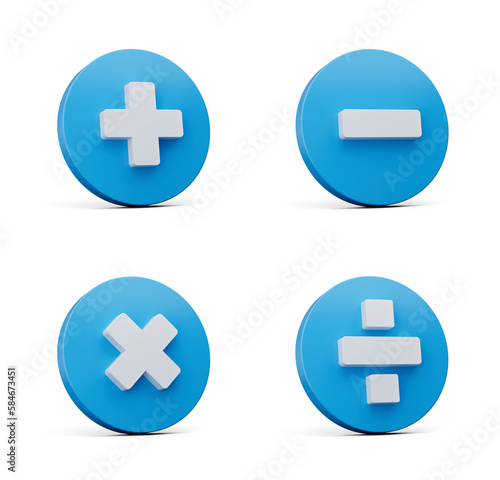 3d Plus, Minus, Multiply And Divide Signs With Blue Buttons On White Background, 3d illustration