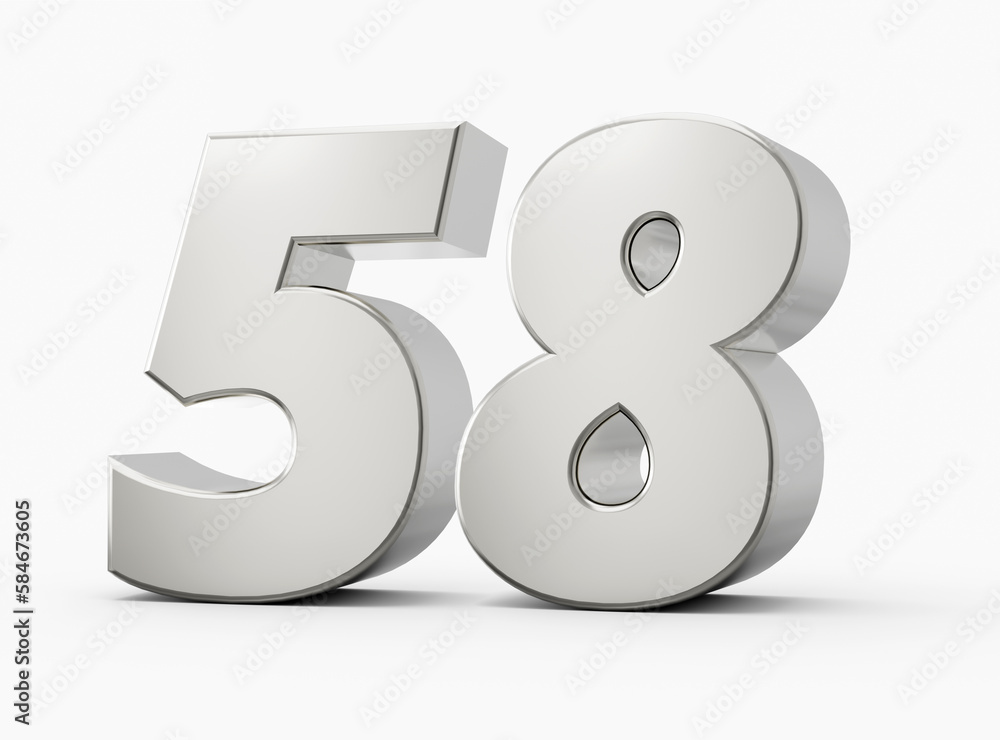 3d Shiny Silver Number 58 Fifty Eight 3d Silver Number Isolated On White Background, 3d illustration 3d Shiny Silver Number 58 Fifty Eight 3d Silver Number Isolated On White Background, 3d illustration