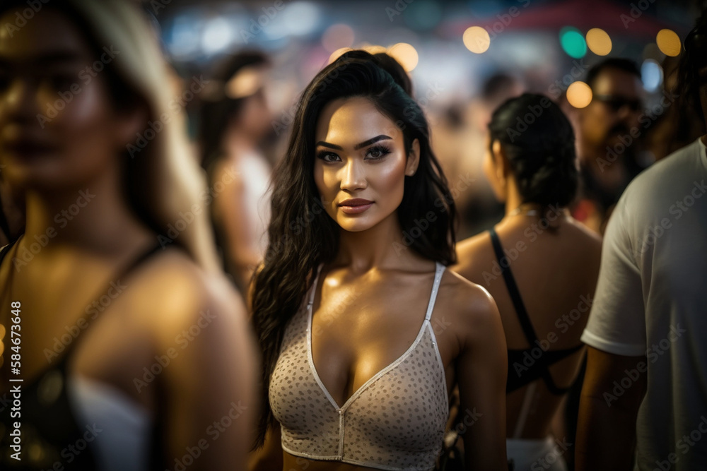 young multithnic or latin woman in tourist area with many tourists in the evening, night life in warm temperatures with many tourists, fictional place, Generative AI