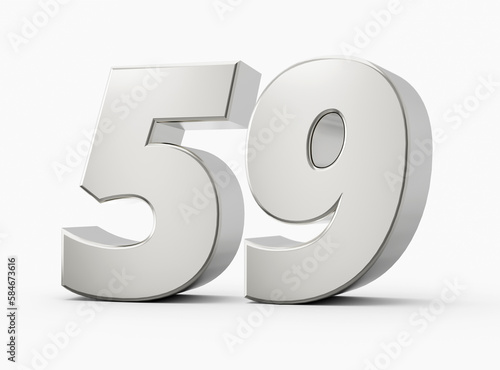 3d Shiny Silver Number 59, Fifty Nine 3d Silver Number Isolated On White Background, 3d illustration photo