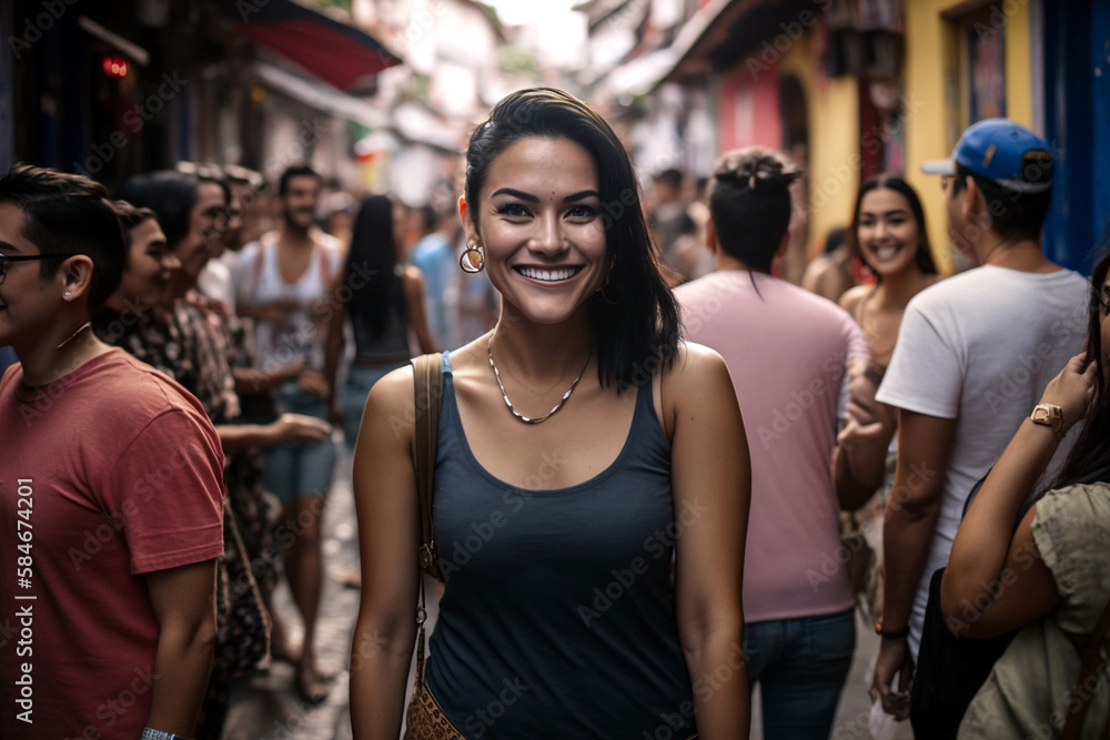 young adult multiethnic woman in side street with local people and tourists, fictional place, Generative AI young adult multiethnic woman in side street with local people and tourists, fictional place, Generative AI