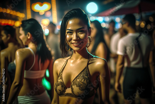 young asian woman in tourist area with many tourists in the evening, night life in warm temperatures in asian country with many tourists, fictional place, Generative AI