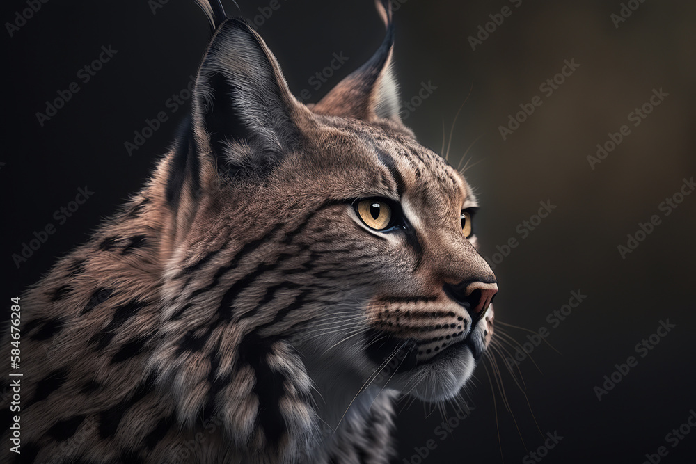 Fototapeta premium Predatory spotted wild animal lynx. Side view, close-up. Generative AI
