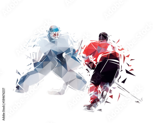 Ice hockey, penalty shot, goalie and offensive player, low poly isolated geometric vector illustration from triangles, front view. Winter team sport