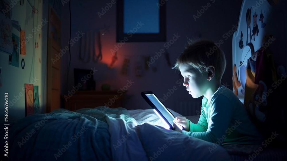 Un Enfant Sur Son Lit Le Visage clair Par La Lumi re Bleue D une un-enfant-sur-son-lit-le-visage-clair-par-la-lumi-re-bleue-d-une