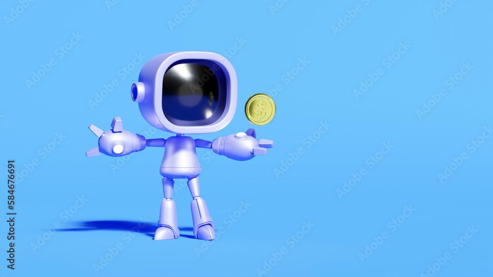 Robot reaching for gold coins isolated on blue background Digital technology and business concept. 3D rendering. Robot reaching for gold coins isolated on blue background Digital technology and business concept. 3D rendering.