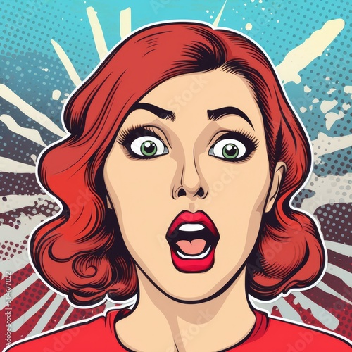 Surprised fashion girl opening her mouth. Pop art retro comic style. Generative AI