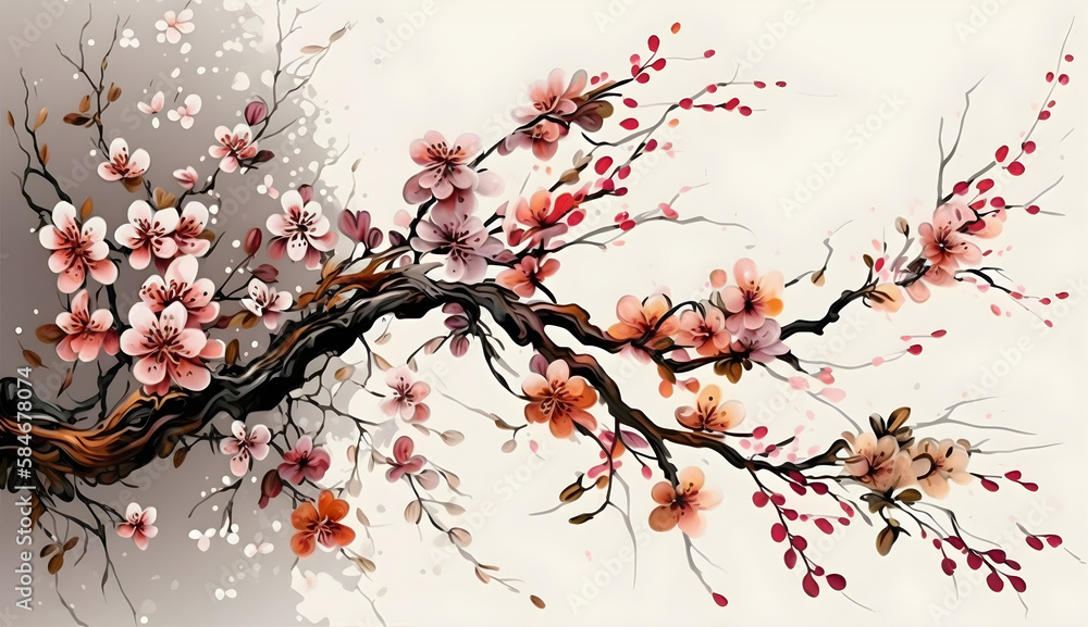 Beautiful photorealistic illustration of a branch of wild sakura with pink flowers on a light background, spring nature, generative AI
