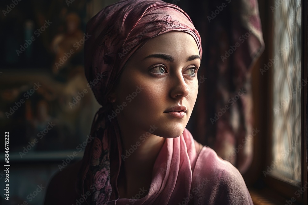 Portrait of a middle age bald woman wearing a pink headscarf. Generative AI Portrait of a middle age bald woman wearing a pink headscarf. Generative AI