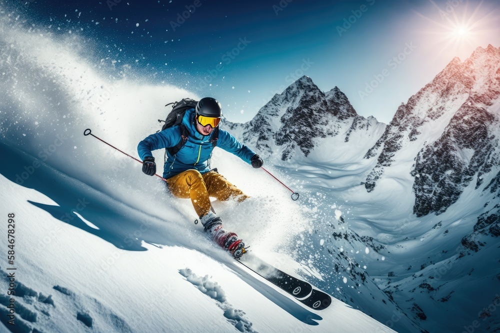 Skier doing tricks on the snow with beautiful illuminated sky. Extreme sport background. Generative AI