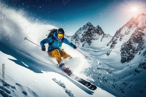 Skier doing tricks on the snow with beautiful illuminated sky. Extreme sport background. Generative AI