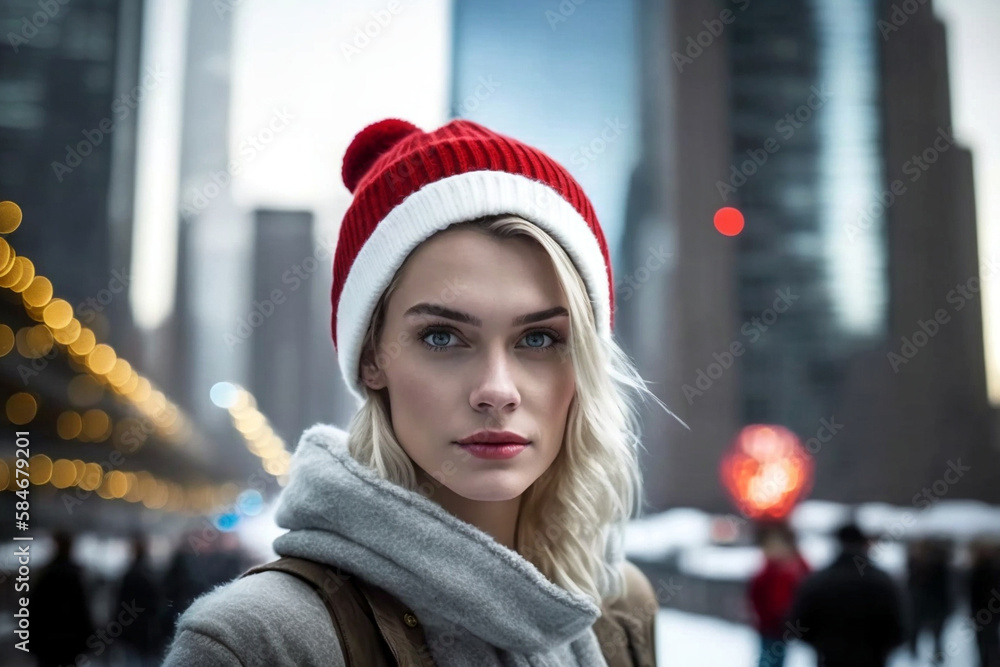 young adult woman in a city at winter time near christmas wearing santa hat, fictional place, Generative AI young adult woman in a city at winter time near christmas wearing santa hat, fictional place, Generative AI