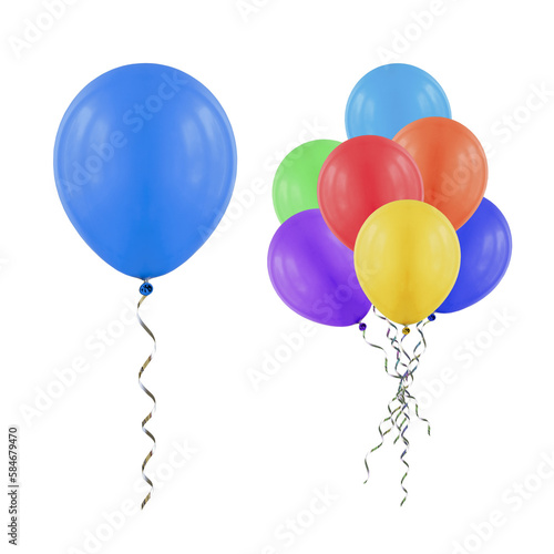 Helium balloon and bunch of rainbow helium balloons isolated on white background.