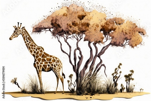 Stylized graphic art illustration of giraffe in savanna near the trees. Full length side view. Generative AI.