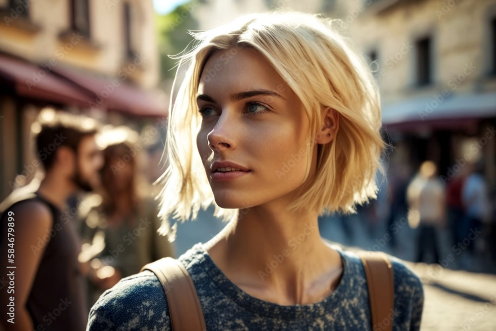 adult young woman stands in a street in an old town between buildings with many other people in the background, tourism or life, warm temperatures, fictional place, Generative AI