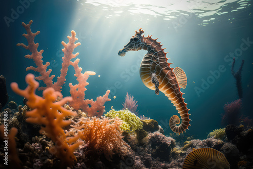 Image for 3d floor. Underwater world. Seahorse. corals. (ai generated) © ImagineDesign
