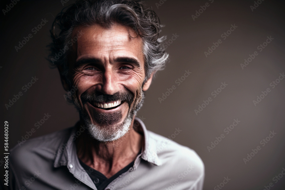 senior mature adult man with gray hair and gray beard smiling and looking forward, portrait closeup, plain shirt, Generative AI
